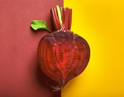 Red beetroot and beetroot cross sectoin. Full Frame, Top View. Flat lay, top view. Pop art design, creative summer concept. photo