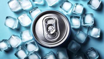 cold beverage can with ice cubes. Summer refreshing drink. photo