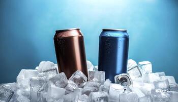 cold drink cans on top of a pile of ice cubes photo