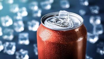 cold beverage can with ice cubes. Summer refreshing drink. photo