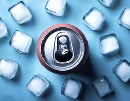 cold beverage can with ice cubes. Summer refreshing drink. photo