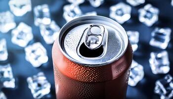 cold beverage can with ice cubes. Summer refreshing drink. photo