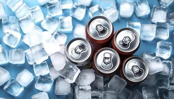 cold drink cans on top of a pile of ice cubes photo