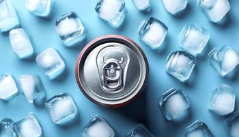 cold beverage can with ice cubes. Summer refreshing drink. photo