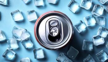 cold beverage can with ice cubes. Summer refreshing drink. photo