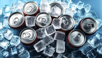 cold drink cans on top of a pile of ice cubes photo