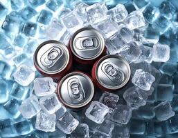 cold drink cans on top of a pile of ice cubes photo