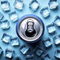 cold beverage can with ice cubes. Summer refreshing drink. photo