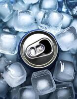 cold drink cans on top of a pile of ice cubes photo