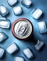 cold beverage can with ice cubes. Summer refreshing drink. photo