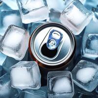 cold drink cans on top of a pile of ice cubes photo