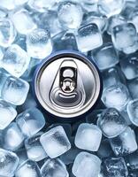 cold drink cans on top of a pile of ice cubes photo