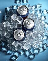 cold drink cans on top of a pile of ice cubes photo