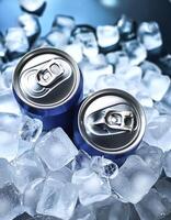 cold drink cans on top of a pile of ice cubes photo