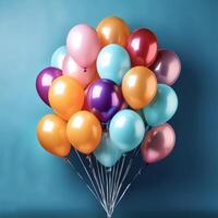 Bunch of bright balloons and space for text against color background photo