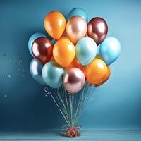 Bunch of bright balloons and space for text against color background photo