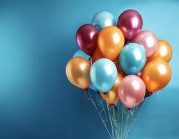 Bunch of bright balloons and space for text against color background photo