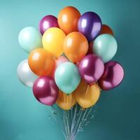 Bunch of bright balloons and space for text against color background photo