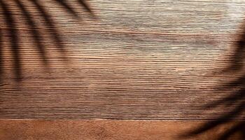 top view of soft brown table with high resolution texture and palm leafs shadows, summer table background with empty space for text or design, soft cozy sunny table backdrop, wooden texture seamless photo