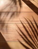 top view of soft brown table with high resolution texture and palm leafs shadows, summer table background with empty space for text or design, soft cozy sunny table backdrop, wooden texture seamless photo
