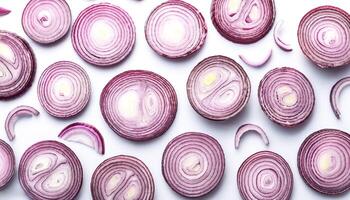 red onion slices. pattern texture background. isolated on white background photo