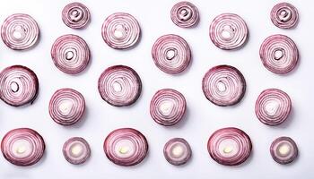 red onion slices. pattern texture background. isolated on white background photo