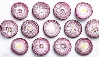 red onion slices. pattern texture background. isolated on white background photo