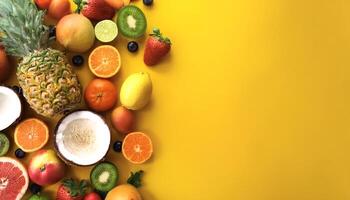 various kinds of fresh fruit. Full Frame, Top View. Flat lay, top view. Pop art design, creative summer concept. photo