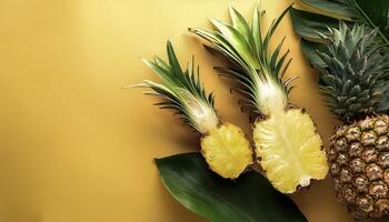 Overhead view of Fresh Ripe pineapple with cut sliced halves food summer background photo