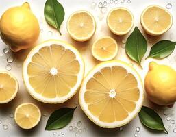 Overhead view of Fresh Ripe lemon with cut sliced halves food summer background. healthy food background photo