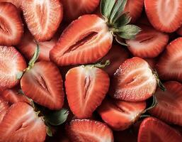 Overhead view of Fresh Ripe organic strawberry halves food summer background. healthy food background. photo