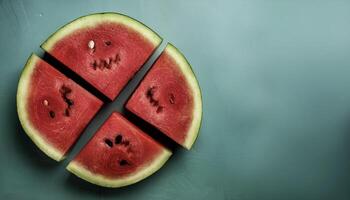 Overhead view of Fresh Ripe watermelon with cut sliced halves food summer background photo