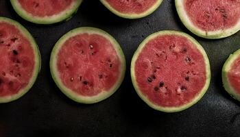 Overhead view of Fresh Ripe watermelon with cut sliced halves food summer background photo