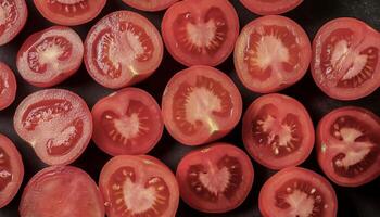 Overhead view of Fresh Ripe juicy red Tomato halves food summer background photo