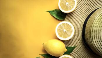 Overhead view of Fresh Ripe lemon with cut sliced halves food summer background. healthy food background photo