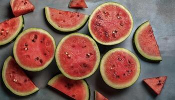 Overhead view of Fresh Ripe watermelon with cut sliced halves food summer background photo
