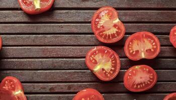 Overhead view of Fresh Ripe juicy red Tomato halves food summer background photo