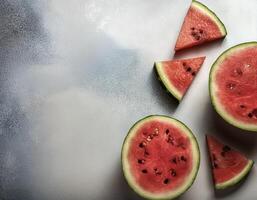 Overhead view of Fresh Ripe watermelon with cut sliced halves food summer background photo