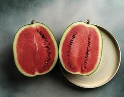 Overhead view of Fresh Ripe watermelon with cut sliced halves food summer background photo