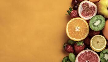 Overhead view of Fresh, Pile, Ripe and juicy sweet fruits. Halves food summer background photo