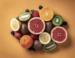 Overhead view of Fresh, Pile, Ripe and juicy sweet fruits. Halves food summer background photo