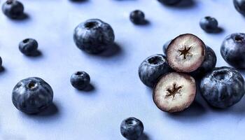 Overhead view of Fresh, Ripe and juicy blueberries. Halves food summer background photo