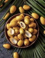 Overhead view of Fresh, Pile, Ripe and juicy sweet yellow date palm. Halves food summer background photo