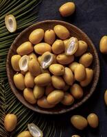 Overhead view of Fresh, Pile, Ripe and juicy sweet yellow date palm. Halves food summer background photo
