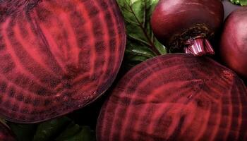 Overhead view of Fresh, Ripe and juicy Red beetroot and beetroot cross sectoin. Halves food summer background photo