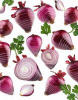 Flying red onion cuts and slices isolated on a white background photo