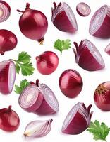 Flying red onion cuts and slices isolated on a white background photo