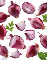 Flying red onion cuts and slices isolated on a white background photo