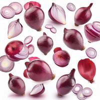 Flying red onion cuts and slices isolated on a white background photo