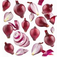 Flying red onion cuts and slices isolated on a white background photo